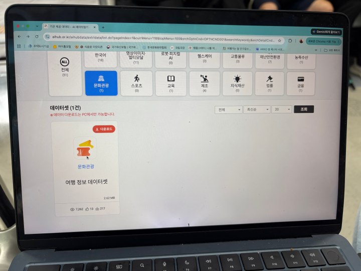 문화관광 탭에 접속한 후 '여행 정보 데이터셋' 파일을 다운받았다. (본인 촬영)