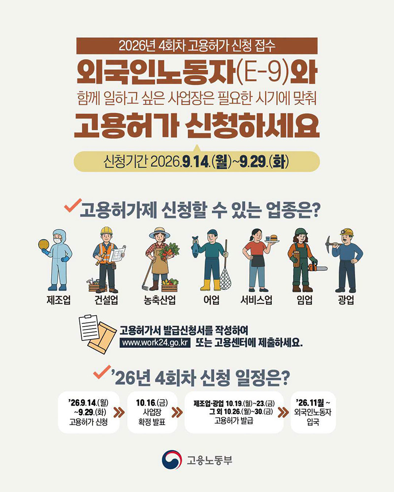 외국인노동자(E-9) 고용허가 신청하세요 하단내용 참조