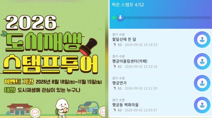 수원 도시재생 4개 스탬프 완성 화면('도시재생 스탬프투어' 앱)