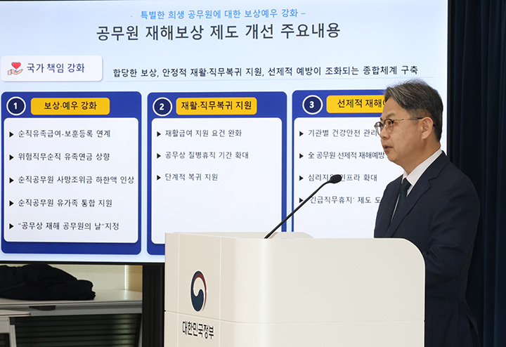 김성훈 인사혁신처 차장이 14일 세종시 정부세종청사에서 공무원 재해보상 제도 개선 종합계획을 발표하고 있다.(사진=인사처 제공)