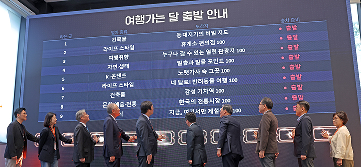 최휘영 문화체육관광부 장관이 15일 서울 성동구 KT&G 상상플래닛에서 열린 '여행가는 달' 캠페인 선포식에서 캠페인 개시 세리머니를 하고 있다.(사진=문체부 제공)
