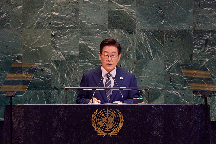 이재명 대통령이 23일(현지시간) 미국 뉴욕 유엔 본부에서 열린 제80차 유엔 총회에서 기조연설을 하고 있다.2025.9.28.(ⓒ뉴스1, 무단 전재-재배포 금지)