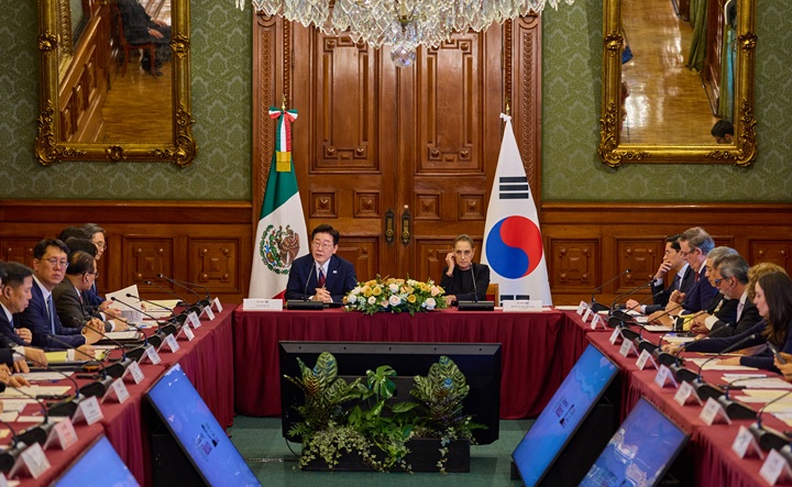 이재명 대통령이 24일(현지시간) 멕시코 대통령궁에서 열린 한·멕시코 기업인 간담회에서 발언을 하고 있다. (공동취재) 2026.9.25(ⓒ뉴스1, 무단 전재-재배포 금지)