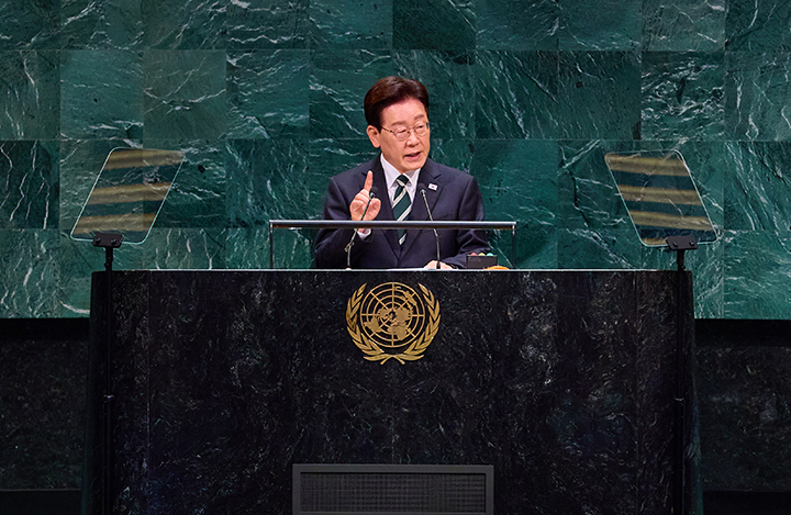 이재명 대통령이 지난 22일(현지시간) 미국 뉴욕 유엔본부에서 열린 제81차 유엔총회에서 기조연설을 하고 있다.(ⓒ뉴스1, 무단 전재-재배포 금지)