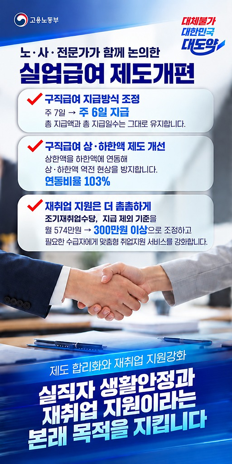 실직자 생활안정과 재취업 지원이라는 본래 목적을 지킵니다 하단내용 참조