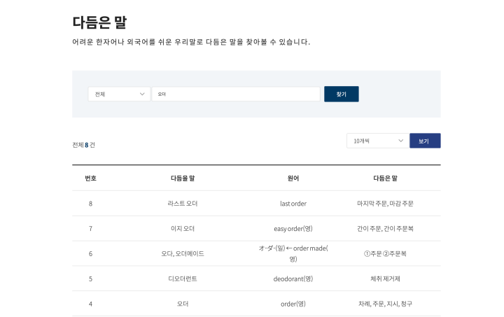 국립국어원 누리집 '다듬은 말'에서는 외래어에 대한 우리말 대체어를 알아볼 수 있다. (출처: 국립국어원)