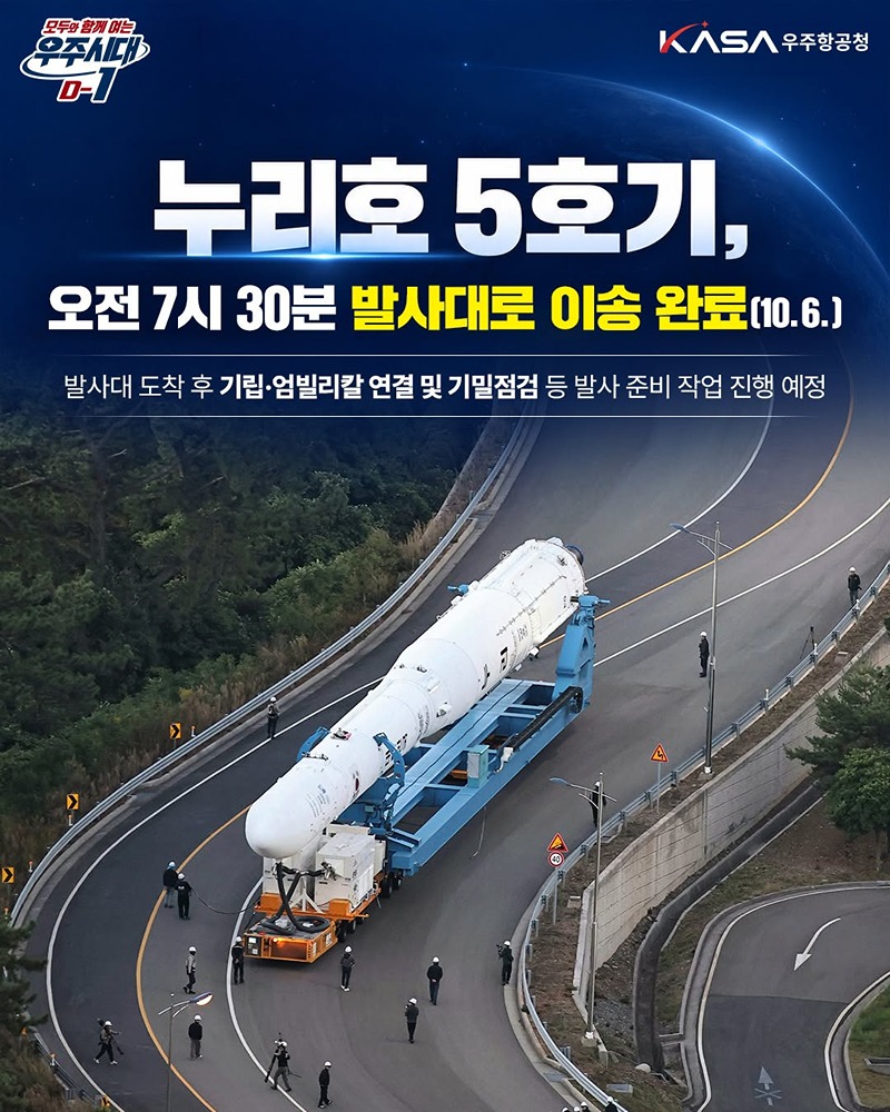 누리호 5호기, 오전 7시 30분 발사대로 이송 완료(10.6.) 하단내용 참조