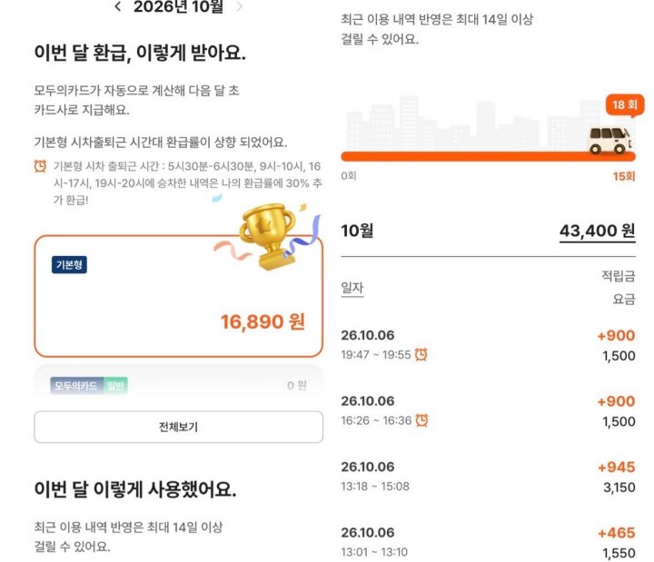 모두의카드 앱 혜택 안내 화면 및 실제 환급금 적립 내역 (본인 촬영)