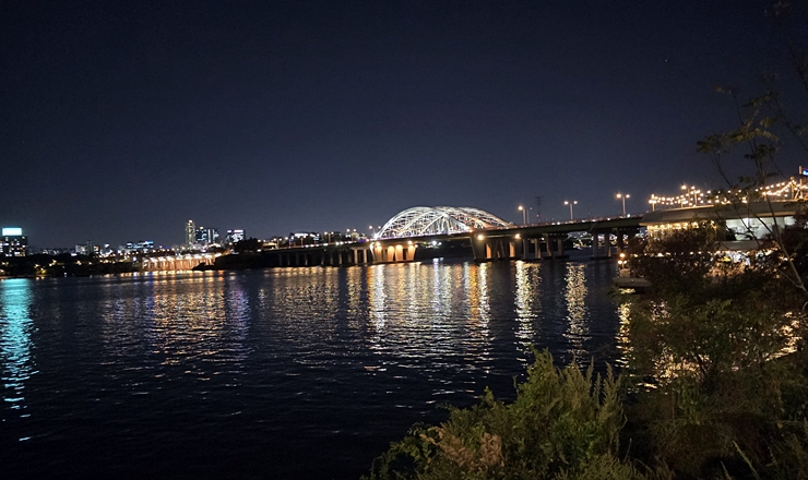 은은한 조명이 어우러진 밤의 한강과 당산철교 야경.(본인촬영)