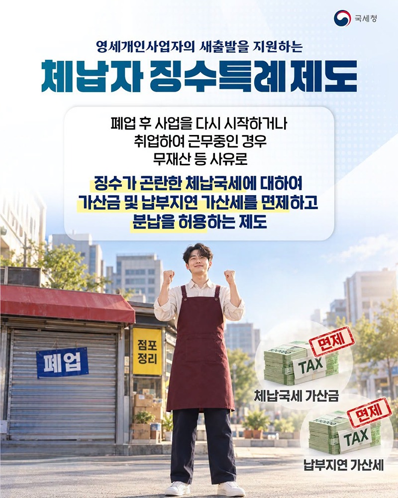 영세 개인사업자, 체납액 징수특례 제도 신청하세요!