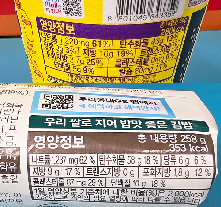(사진10 - 김밥과 컵라면 영양정보 비교)