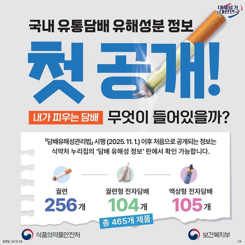 국내 유통담배 유해성분 정보 첫 공개!
