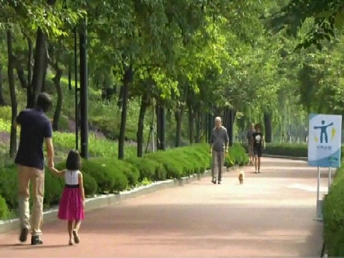 좌측보행을 하고 있는 아빠와 아이가 마주오는 외국인과 부딪히게 된다는 우측보행 홍보 동영상 화면 캡쳐. (자료:국토해양부)