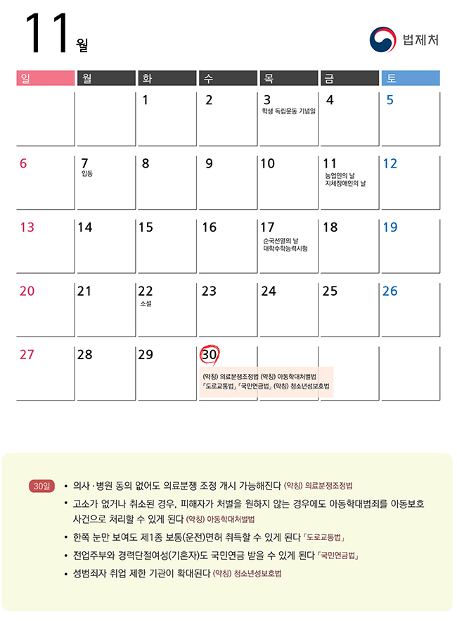 2016. 11월의 주요 시행법령 하단내용 참조