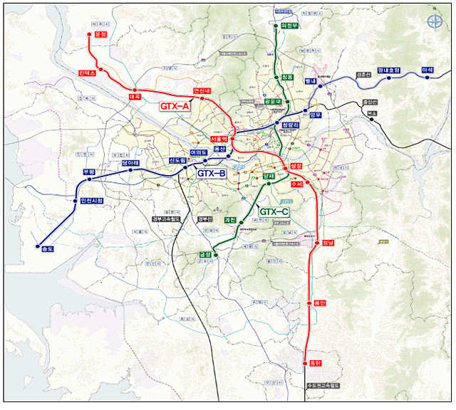 수도권 광역급행철도(GTX) 도입될 노선.(제공=국토교통부)
