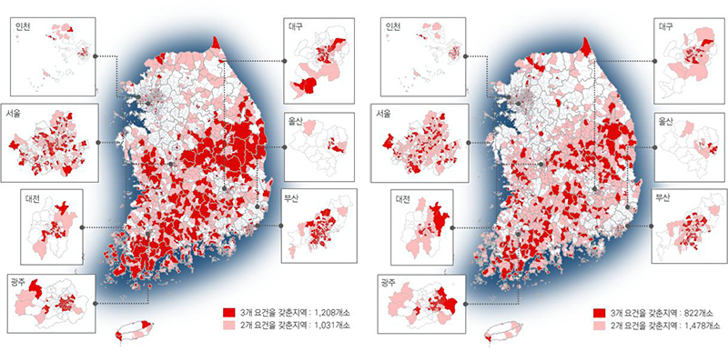 전국 도시쇠퇴 현황 비교 ['16년] 3개요건은 갖춘지역:1,208개소, 2개요건을 갖춘지역:1,031개소 ['17년] 3개요건을 갖춘지역:822개소, 2개요건을 갖춘지역:1,478개소