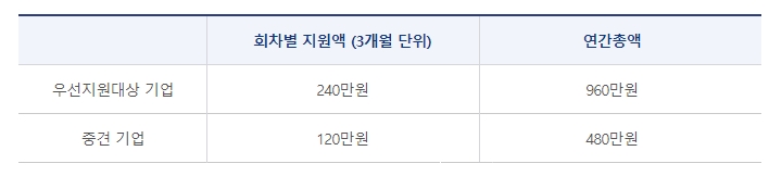 우선지워대상기업 회차별 지원액(3개월 단위) 240만원 연간총액 960만원, 중견기업 회차별 지원액(3개월 단위) 120만원 연간총액 480만원