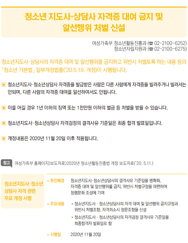 청소년 지도사·상담사 자격증 대여 금지 및 알선행위 처벌 신설 (여성가족부)