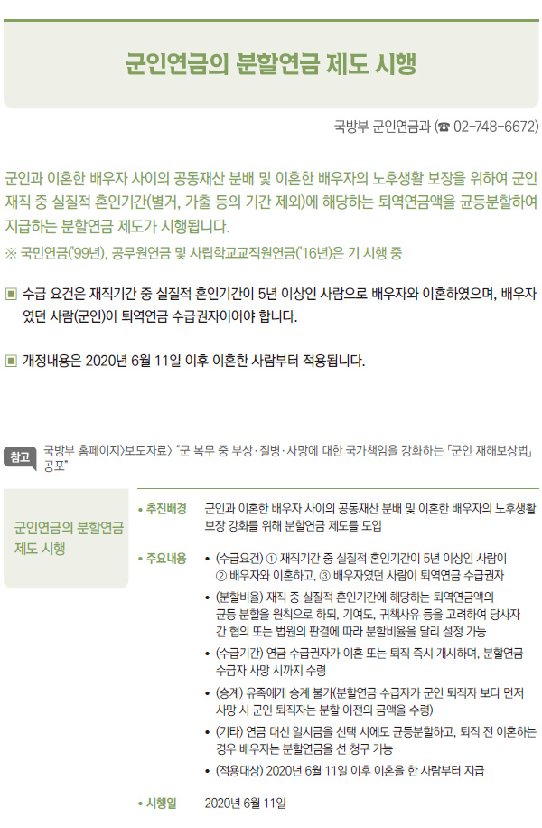 군인연금의 분할연금 제도 시행 (국방부)