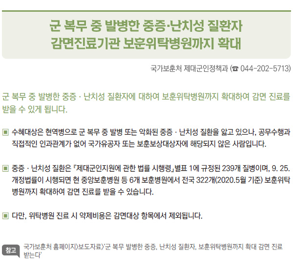 군 복무 중 발병한 중증·난치성 질환자 감면진료기관 보훈위탁병원까지 확대 (국가보훈처)