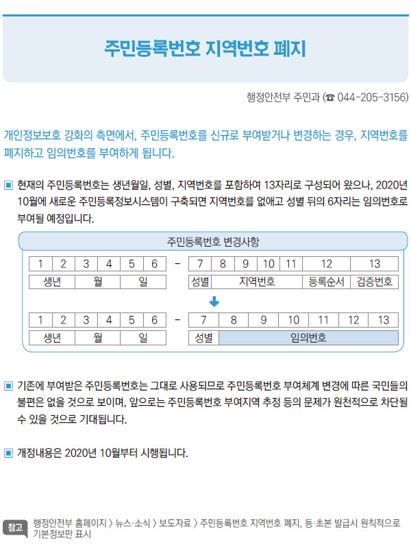 주민등록번호 지역번호 폐지 (행정안전부)