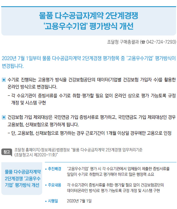 물품 다수공급자계약 2단계경쟁 ‘고용우수기업’ 평가방식 개선 (조달청)