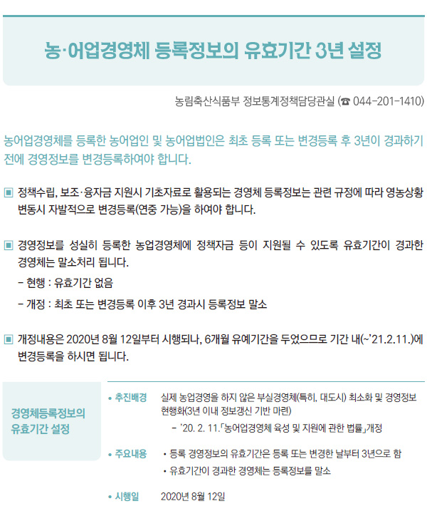 농·어업경영체 등록정보의 유효기간 3년 설정 (농림축산식품부)