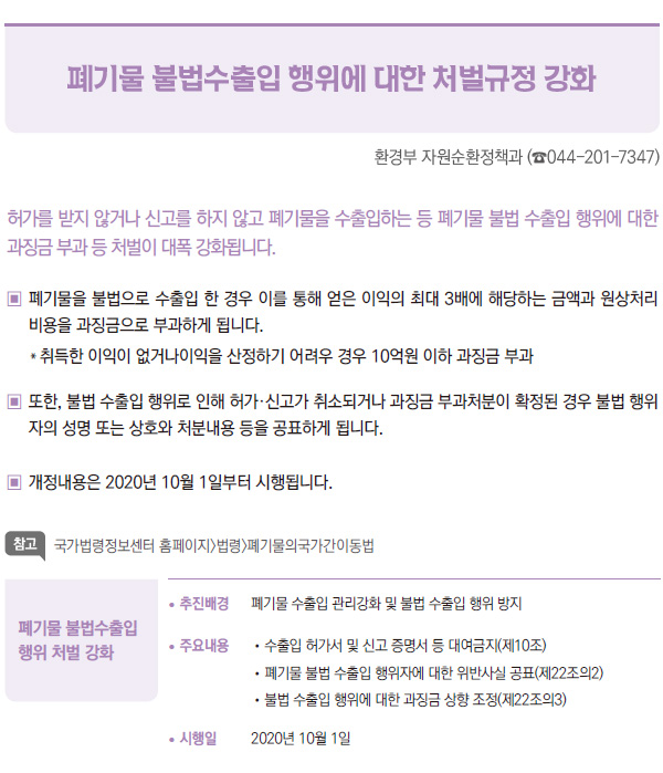 폐기물 불법수출입 행위에 대한 처벌규정 강화 (환경부)