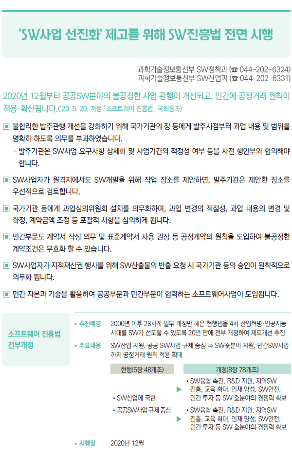 ‘SW사업 선진화’ 제고를 위해 SW진흥법 전면 시행 (과학기술정보통신부)