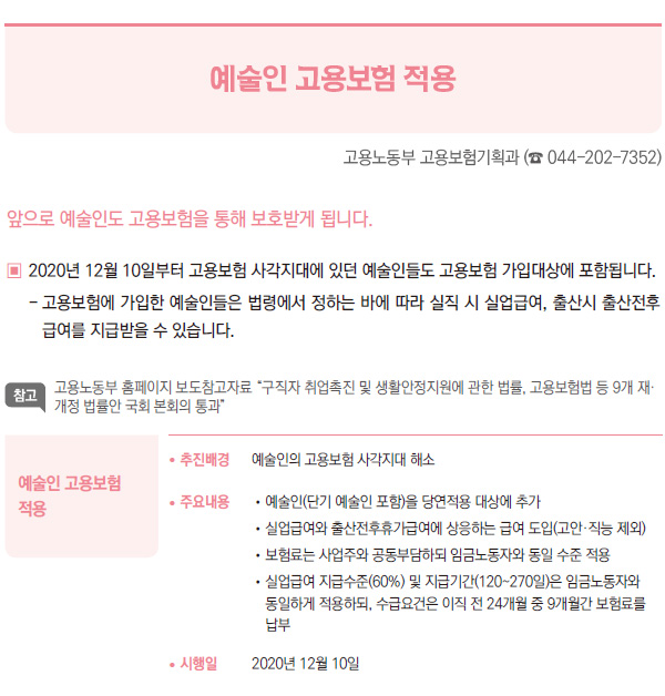 예술인 고용보험 적용 (고용노동부)
