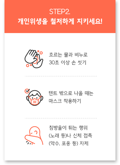 step2. 개인위행을 철저하게 지키세요! 흐르는 물과 비누로 30초 이상 손 씻기, 텐트 밖으로 나올 때는 마스크 착용하기, 침방울을 튀는 행위(노래 등)나 신체 접촉(악수, 포옹등) 자제