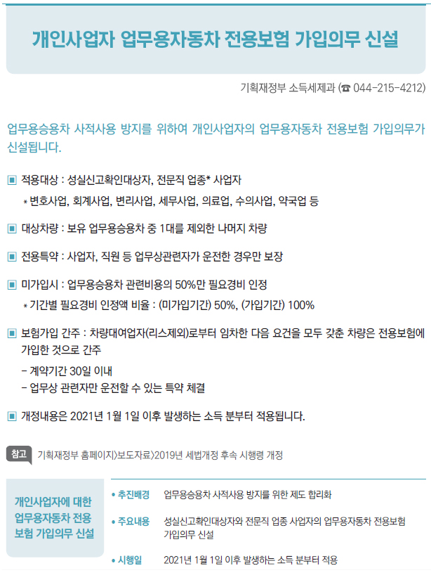 개인사업자에 대한업무용자동차 전용보험 가입의무 신설/ 추진배경 업무용승용차 사적사용 방지를 위한 제도 합리화/ 주요내용 성실신고확인대상자와 전문직 업종 사업자의 업무용자동차 전용보험가입의무 신설/ 시행일 2021년 1월 1일 이후 발생하는 소득 분부터 적용.