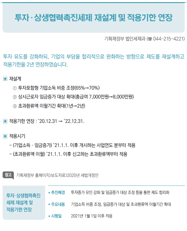 투자·상생협력촉진세제 재설계 및적용기한 연장/ 추진배경 투자증가 유인 강화 및 임금증가 대상 조정 등을 통한 제도 합리화/ 주요내용 기업소득 비중 조정, 임금증가 대상 및 초과환류액 이월기간 확대/ 시행일 2021년 1월 1일 이후 적용