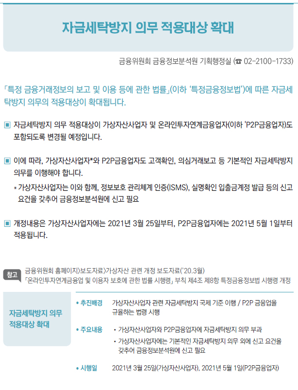 자금세탁방지 의무적용대상 확대/ 추진배경 가상자산사업자 관련 자금세탁방지 국제 기준 이행 / P2P 금융업을규율하는 법령 시행/ 주요내용 //가상자산사업자와 P2P금융업자에 자금세탁방지 의무 부과//가상자산사업자에는 기본적인 자금세탁방지 의무 외에 신고 요건을갖추어 금융정보분석원에 신고 필요/ 시행일 2021년 3월 25일(가상자산사업자), 2021년 5월 1일(P2P금융업자)