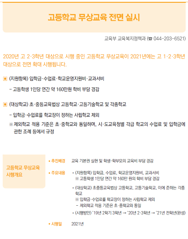 고등학교 무상교육시행개요/ 추진배경 교육 기본권 실현 및 학생·학부모의 교육비 부담 경감/ 주요내용 //(지원항목) 입학금, 수업료, 학교운영지원비, 교과서비※ 고등학생 1인당 연간 약 160만 원의 학비 부담 경감//(대상학교) 초중등교육법상 고등학교, 고등기술학교, 이에 준하는 각종학교※ 입학금·수업료를 학교장이 정하는 사립학교 제외--제외학교 적용 기준은 초·중학교와 동일//(시행방안) ’19년 2학기 3학년 → ’20년 2·3학년 → ’21년 전학년(완성)/ 시행일 2021년