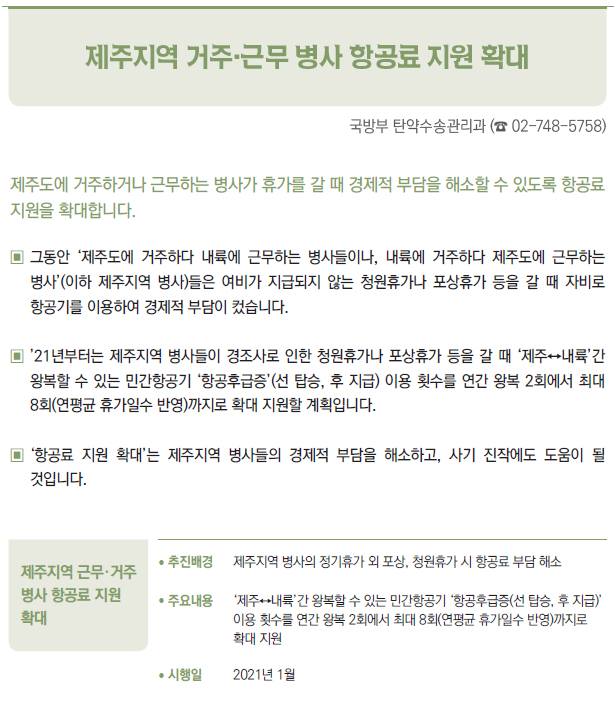 제주지역 근무·거주 병사 항공료 지원 확대▶/ 추진배경 제주지역 병사의 정기휴가 외 포상, 청원휴가 시 항공료 부담 해소/ 주요내용 ‘제주↔내륙’간 왕복할 수 있는 민간항공기 ‘항공후급증(선 탑승, 후 지급)’이용 횟수를 연간 왕복 2회에서 최대 8회(연평균 휴가일수 반영)까지로확대 지원/ 시행일 2021년 1월