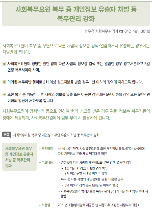 사회복무요원 복무 중 개인정보 유출자 처벌 등 복무관리 강화▶/ 추진배경 n번방 사건 관련, 사회복무요원에 의한 개인정보 유출사건이 발생함에따라 개인정보 유출 재발 방지대책 마련/ 주요내용 //권한없이 다른 사람의 개인정보를 무단 검색·열람한 경우--1회 위반 시 경고 및 5일 연장 복무--2회 이상 위반 시 1년 이하의 징역//복무 중 다른 사람의 개인정보를 유출·이용한 경우--5년 이하의 징역 또는 5천만원 이하의 벌금//사회복무요원의 범죄정보를 복무기관의 장에게 제공하여 임무 부여 시활용/ 시행일 2021년 1월(범죄경력 제공은 법 시행이후 소집된 사람부터 적용)