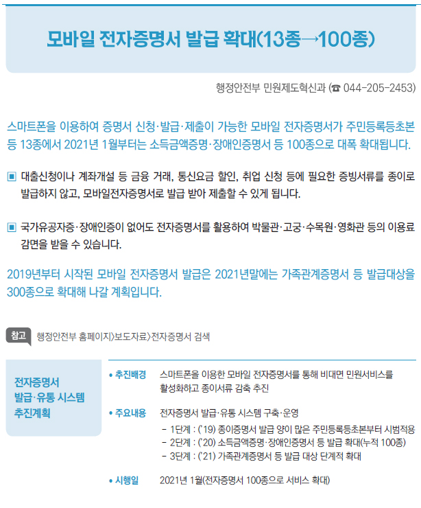 전자증명서 발급·유통 시스템 추진계획▶/ 추진배경 스마트폰을 이용한 모바일 전자증명서를 통해 비대면 민원서비스를활성화하고 종이서류 감축 추진/ 주요내용 전자증명서 발급·유통 시스템 구축·운영--1단계 : (’19) 종이증명서 발급 양이 많은 주민등록등초본부터 시범적용--2단계 : (’20) 소득금액증명·장애인증명서 등 발급 확대(누적 100종)--3단계 : (’21) 가족관계증명서 등 발급 대상 단계적 확대/ 시행일 2021년 1월(전자증명서 100종으로 서비스 확대)