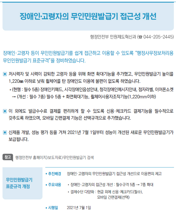 무인민원발급기 표준규격 개정▶/ 추진배경 장애인·고령자의 무인민원발급기 접근성 개선으로 이용편의 제고/ 주요내용 //장애인·고령자의 접근성 개선 : 필수규격 5종 → 7종 확대//결제수단 다양화 : 현금 외에 신용·체크카드(필수),모바일 간편결제(선택)/ 시행일 2021년 7월 1일