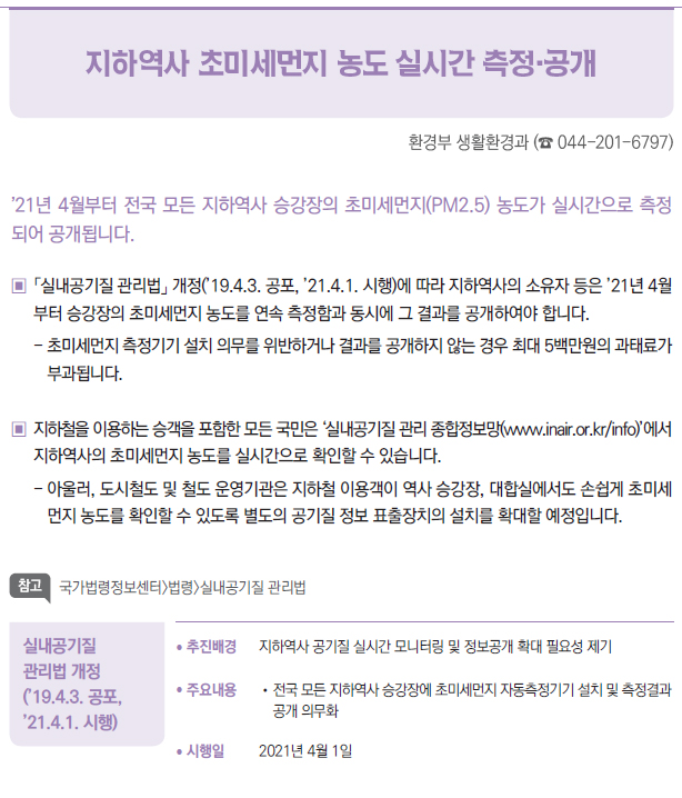 실내공기질 관리법 개정 (’19.4.3. 공포, ’21.4.1. 시행)▶/ 추진배경 지하역사 공기질 실시간 모니터링 및 정보공개 확대 필요성 제기/ 주요내용 //전국 모든 지하역사 승강장에 초미세먼지 자동측정기기 설치 및 측정결과공개 의무화/ 시행일 2021년 4월 1일