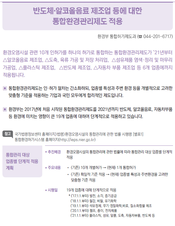 통합관리 대상 업종별 단계적 적용 계획▶/ 추진배경 환경오염시설의 통합관리에 관한 법률에 따라 통합관리 대상 업종별 단계적▣적용/ 주요내용 // (기존) 10개 개별허가 → (현재) 1개 통합허가// (기존) 획일적 기준 적용 → (현재) 업종별 특성과 주변환경을 고려한▣맞춤형 기준 적용/ 시행일 19개 업종에 대해 단계적으로 적용* ('17.1.1.부터) 발전, 소각, 증기공급('18.1.1.부터) 철강, 비철, 유기화학('19.1.1.부터) 석유정제, 무기·정밀화학,비료, 질소화합물 제조('20.1.1.부터) 펄프, 종이, 전자제품('21.1.1.부터) 플라스틱, 섬유, 알콜, 도축, 자동차부품, 반도체 등
