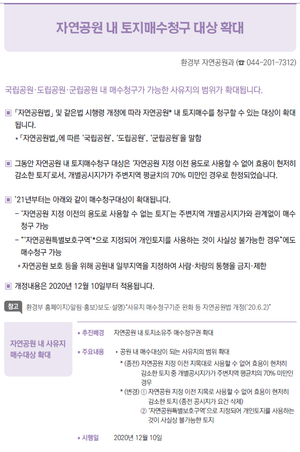 자연공원 내 사유지 매수대상 확대▶/ 추진배경 자연공원 내 토지소유주 매수청구권 확대/ 주요내용 //공원 내 매수대상이 되는 사유지의 범위 확대* (종전) 자연공원 지정 이전 지목대로 사용할 수 없어 효용이 현저히▣감소한 토지 중 개별공시지가가 주변지역 평균치의 70% 미만인경우* (변경) ① 자연공원 지정 이전 지목로 사용할 수 없어 효용이 현저히▣감소한 토지 (종전 공시지가 요건 삭제)② ‘자연공원특별보호구역’으로 지정되어 개인토지를 사용하는것이 사실상 불가능한 토지/ 시행일 2020년 12월 10일