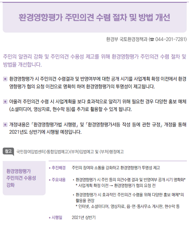 환경영향평가 주민의견 수용성 강화▶/ 추진배경 주민의 참여와 소통을 강화하고 환경영향평가 투명성 제고/ 주요내용 //환경영향평가 시 주민 등의 의견수렴 결과 및 반영여부 공개 시기 명확화** 사업계획 확정 이전 → 환경영향평가 협의 요청 전//환경영향평가 시 효과적인 주민의견 수렴을 위해 다양한 홍보 매체*의활용을 권장* 인터넷, 소셜미디어, 영상자료, 읍·면·동사무소 게시판, 현수막 등/ 시행일 2021년 상반기