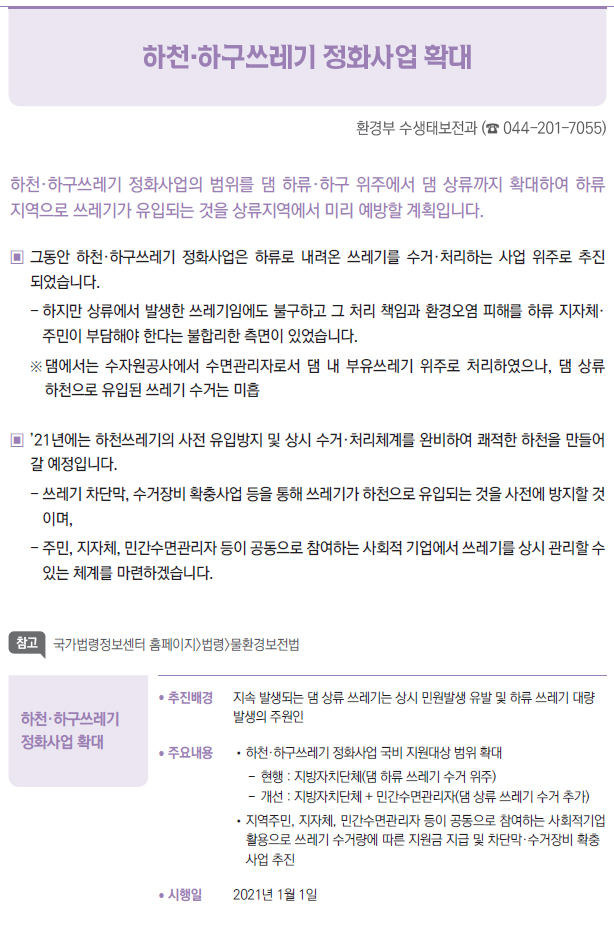 하천·하구쓰레기 정화사업 확대▶/ 추진배경 지속 발생되는 댐 상류 쓰레기는 상시 민원발생 유발 및 하류 쓰레기 대량발생의 주원인/ 주요내용 //하천·하구쓰레기 정화사업 국비 지원대상 범위 확대--현행 : 지방자치단체(댐 하류 쓰레기 수거 위주)--개선 : 지방자치단체 + 민간수면관리자(댐 상류 쓰레기 수거 추가)//지역주민, 지자체, 민간수면관리자 등이 공동으로 참여하는 사회적기업활용으로 쓰레기 수거량에 따른 지원금 지급 및 차단막·수거장비 확충사업 추진/ 시행일 2021년 1월 1일