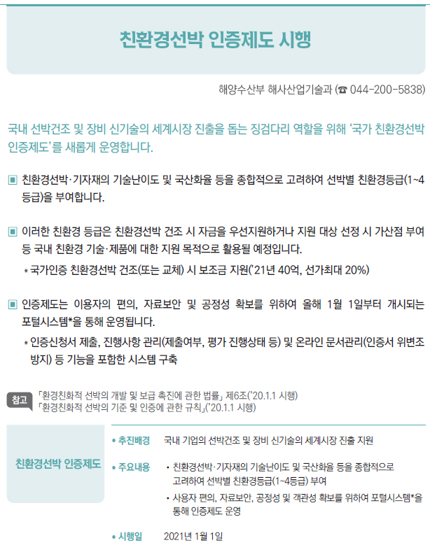 친환경선박 인증제도▶/ 추진배경 국내 기업의 선박건조 및 장비 신기술의 세계시장 진출 지원/ 주요내용 //친환경선박·기자재의 기술난이도 및 국산화율 등을 종합적으로고려하여 선박별 친환경등급(1~4등급) 부여//사용자 편의, 자료보안, 공정성 및 객관성 확보를 위하여 포털시스템*을통해 인증제도 운영/ 시행일 2021년 1월 1일