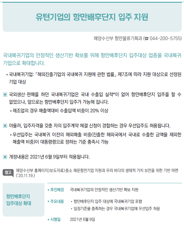 항만배후단지 입주대상 확대▶/ 추진배경 국내복귀기업의 안정적인 생산기반 확보 지원/ 주요내용 //항만배후단지 입주 대상에 국내복귀기업 포함//일정기준을 충족하는 경우 국내복귀기업에 우선입주 허용/ 시행일 2021년 6월 9일