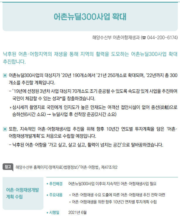 어촌·어항재생개발 계획 수립▶/ 추진배경 어촌뉴딜300사업 이후의 지속적인 어촌·어항재생사업 필요/ 주요내용 //어촌·어항재생 수요 도출에 따른 어촌·어항재생 추진 전략 마련//어촌·어항재생을 위한 향후 10년간 연차별 투자계획 수립/ 시행일 2021년 6월