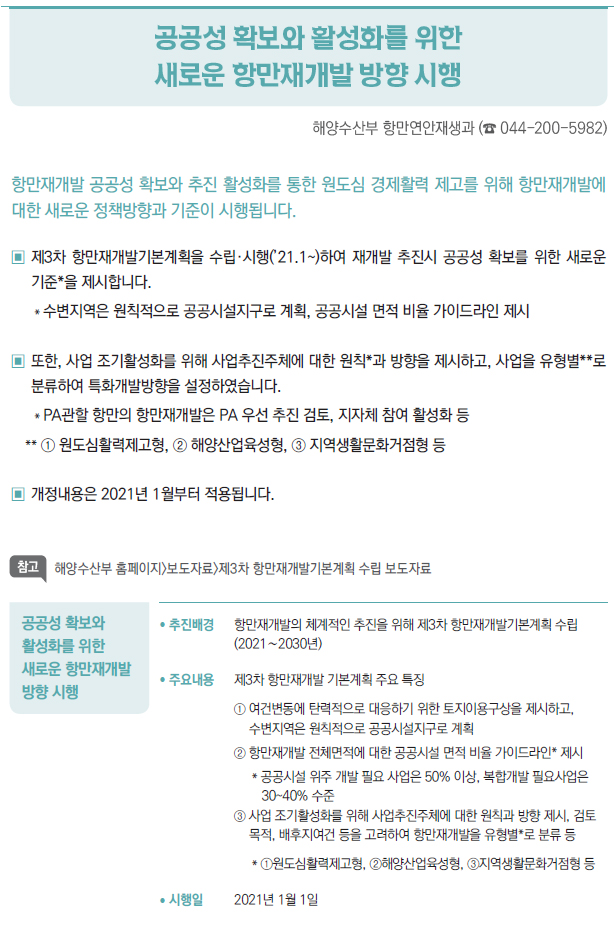 공공성 확보와 활성화를 위한 새로운 항만재개발 방향 시행▶/ 추진배경 항만재개발의 체계적인 추진을 위해 제3차 항만재개발기본계획 수립(2021∼2030년)/ 주요내용 제3차 항만재개발 기본계획 주요 특징① 여건변동에 탄력적으로 대응하기 위한 토지이용구상을 제시하고,수변지역은 원칙적으로 공공시설지구로 계획② 항만재개발 전체면적에 대한 공공시설 면적 비율 가이드라인* 제시* 공공시설 위주 개발 필요 사업은 50% 이상, 복합개발 필요사업은30~40% 수준③ 사업 조기활성화를 위해 사업추진주체에 대한 원칙과 방향 제시, 검토목적, 배후지여건 등을 고려하여 항만재개발을 유형별*로 분류 등* ①원도심활력제고형, ②해양산업육성형, ③지역생활문화거점형 등/ 시행일 2021년 1월 1일