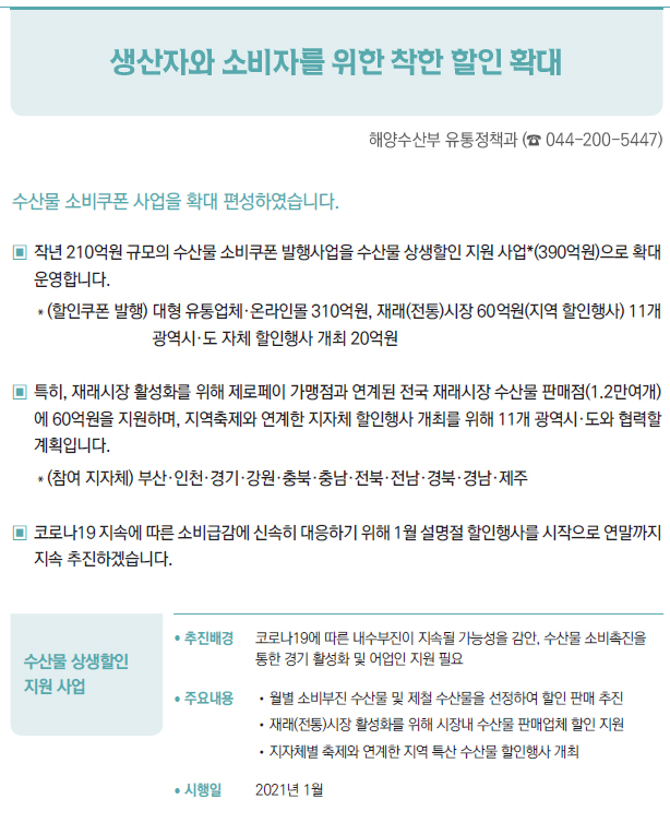 수산물 상생할인 지원 사업▶/ 추진배경 코로나19에 따른 내수부진이 지속될 가능성을 감안, 수산물 소비촉진을통한 경기 활성화 및 어업인 지원 필요/ 주요내용 //월별 소비부진 수산물 및 제철 수산물을 선정하여 할인 판매 추진//재래(전통)시장 활성화를 위해 시장내 수산물 판매업체 할인 지원//지자체별 축제와 연계한 지역 특산 수산물 할인행사 개최/ 시행일 2021년 1월
