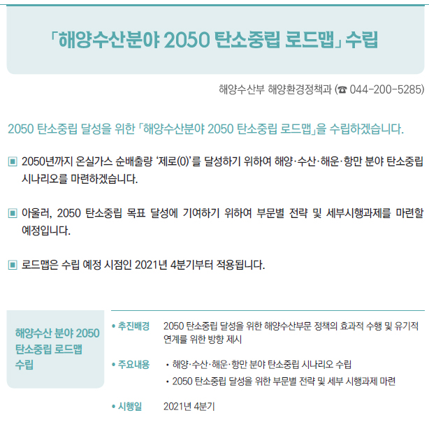 해양수산 분야 2050 탄소중립 로드맵 수립▶/ 추진배경 2050 탄소중립 달성을 위한 해양수산부문 정책의 효과적 수행 및 유기적연계를 위한 방향 제시/ 주요내용 //해양·수산·해운·항만 분야 탄소중립 시나리오 수립//2050 탄소중립 달성을 위한 부문별 전략 및 세부 시행과제 마련/ 시행일 2021년 4분기